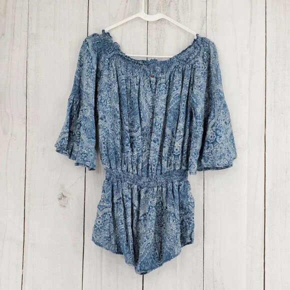 Rip Curl Everglow Small Smocked Off Shoulder Floral Bell Sleeve Waist Romper - Picture 3 of 4